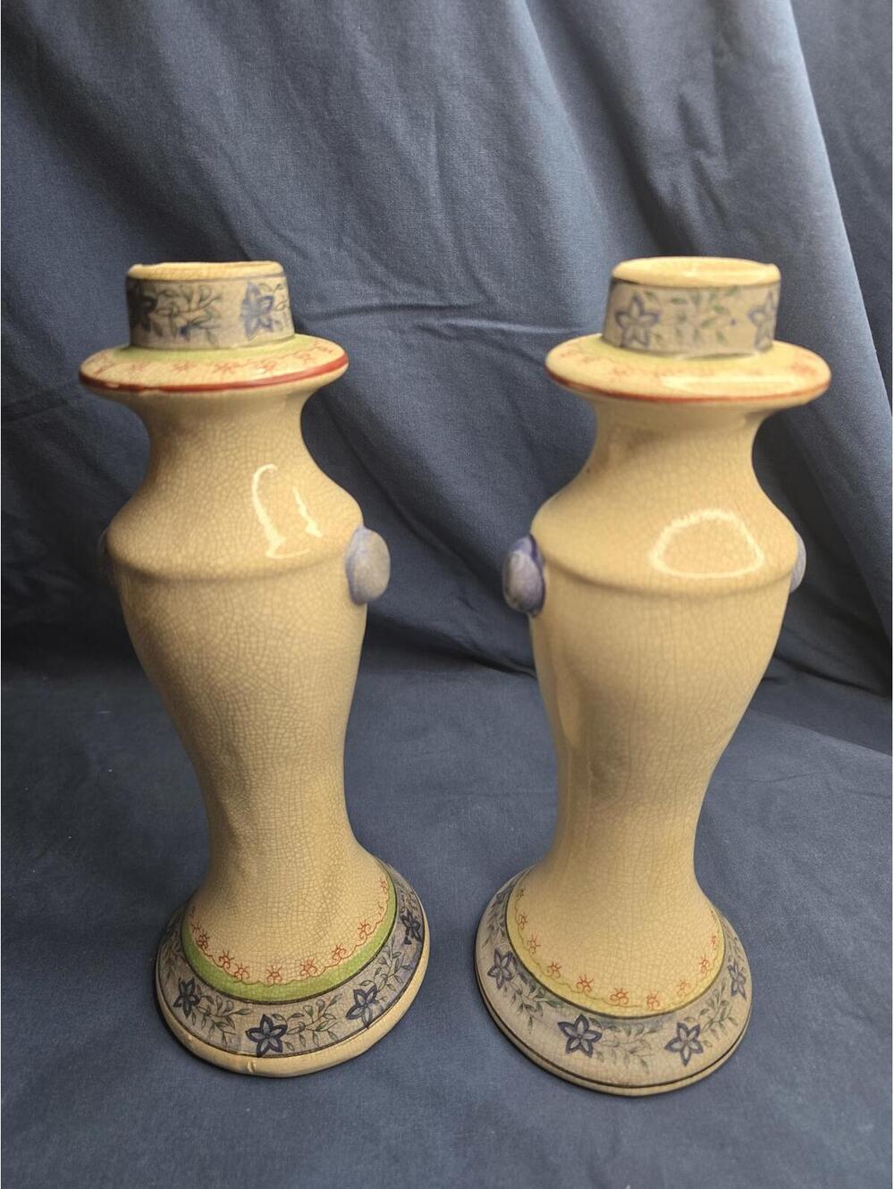 Pair of Vintage Ceramic Candle Holders with Floral Design